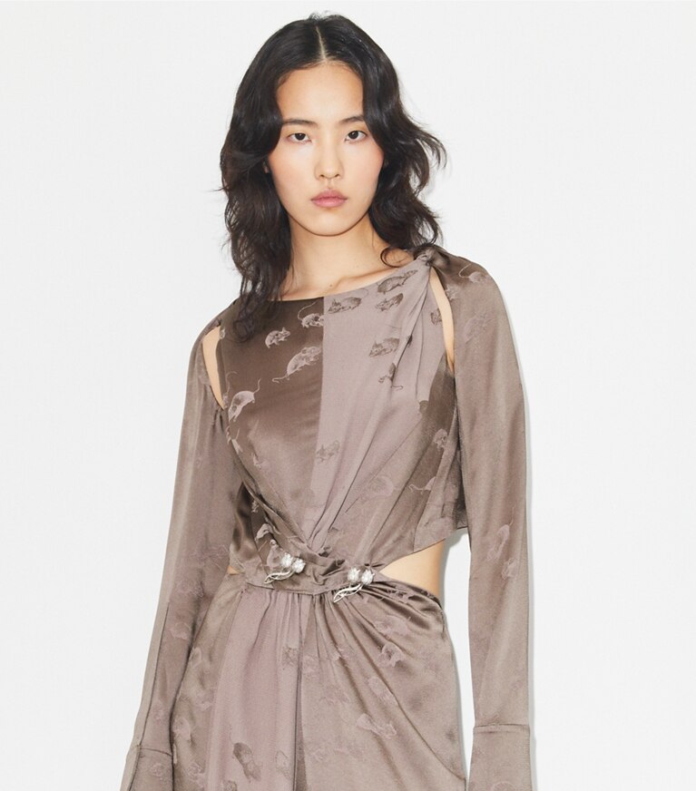 Tory Burch diseñador vestidos Vestido de viscosa trenzado en Pale Mauve detalle en modelo