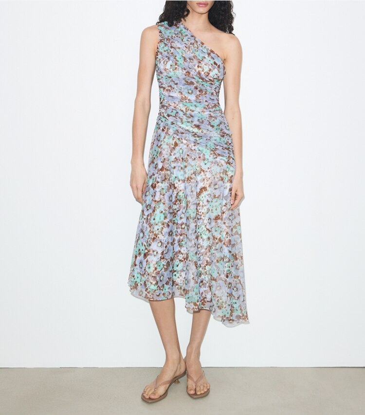 Tory Burch diseñador vestidos Vestido estampado con un solo hombro en Blue Floral frente en modelo