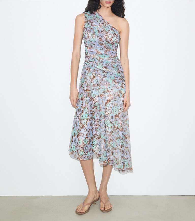 Tory Burch diseñador vestidos Vestido estampado con un solo hombro en Blue Floral frente en modelo