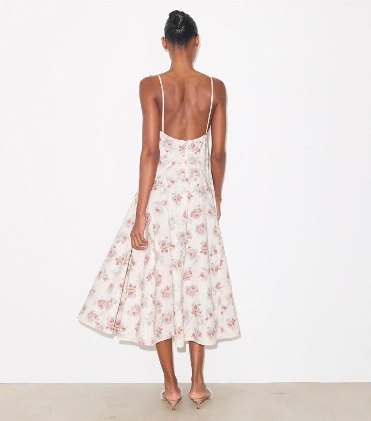 Tory Burch diseñador vestidos Vestido estampado sin mangas en Pink Roses parte posterior en modelo