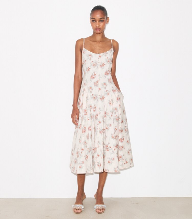 Tory Burch diseñador vestidos Vestido estampado sin mangas en Pink Roses frente en modelo