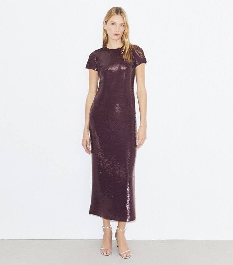 Tory Burch diseñador vestidos Vestido estilo camiseta con lentejuelas en Merlot frente en modelo