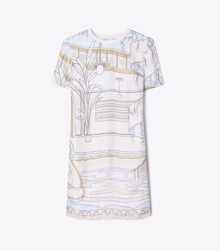 Tory Burch diseñador vestidos Vestido estilo camiseta con parte delantera de seda estampada en Neutral Pool frente