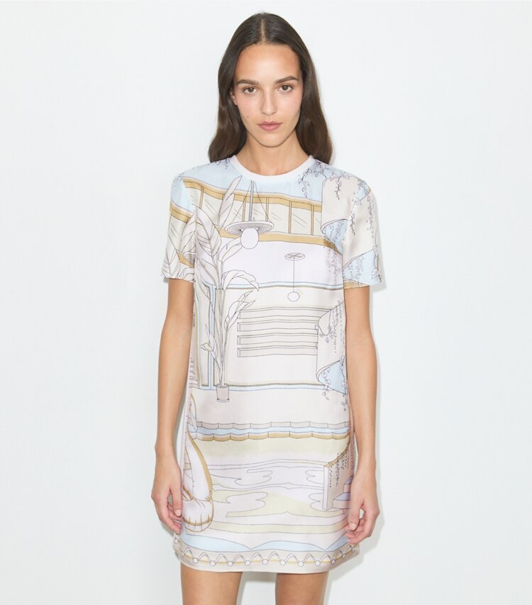 Tory Burch diseñador vestidos Vestido estilo camiseta con parte delantera de seda estampada en Neutral Pool detalle en modelo