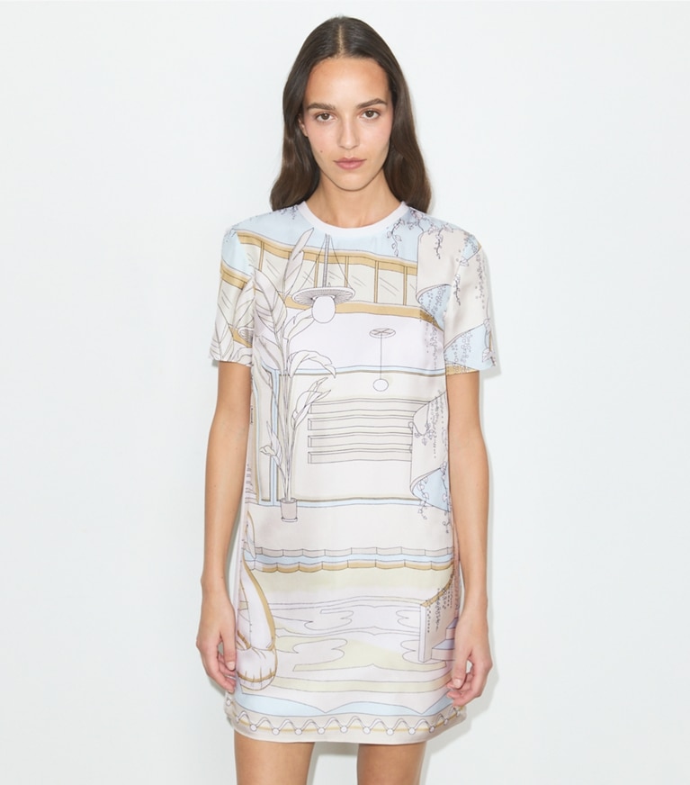 Tory Burch diseñador vestidos Vestido estilo camiseta con parte delantera de seda estampada en Neutral Pool detalle en modelo