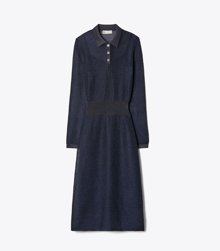 Tory Burch diseñador vestidos Vestido estilo polo metalizado en Black / Blue Shimmer frente