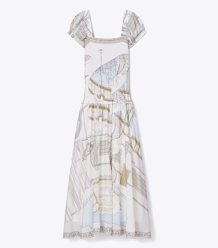 Tory Burch diseñador vestidos Vestido fruncido estampado en Neutral Pool frente