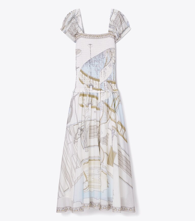 Tory Burch diseñador vestidos Vestido fruncido estampado en Neutral Pool frente
