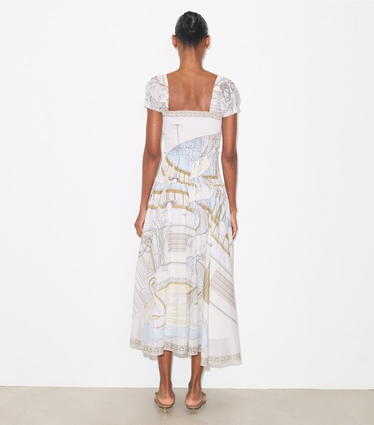 Tory Burch diseñador vestidos Vestido fruncido estampado en Neutral Pool parte posterior en modelo