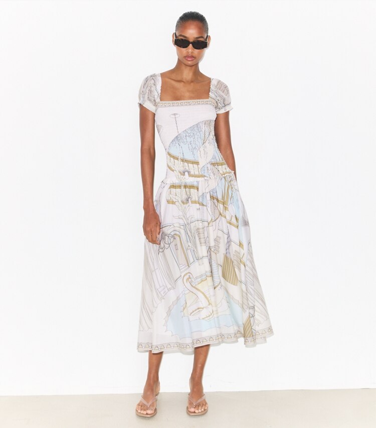 Tory Burch diseñador vestidos Vestido fruncido estampado en Neutral Pool frente en modelo