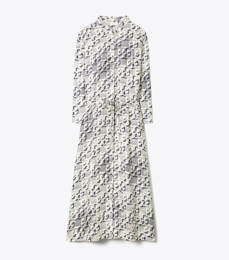 Tory Burch diseñador vestidos Vestido midi de seda en New Ivory Distressed Pixelated Logo frente
