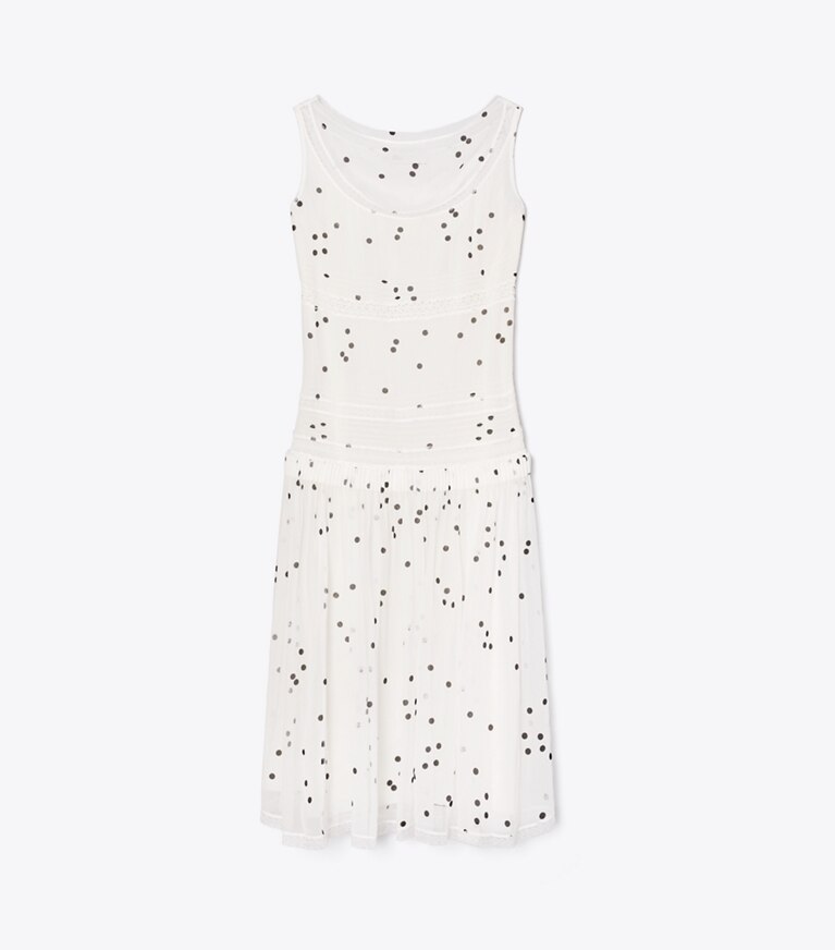 Tory Burch diseñador vestidos Vestido plisado de encaje de seda en Black Dots frente