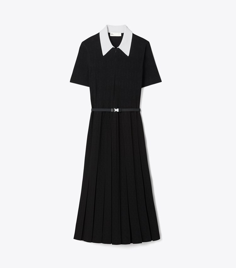 Tory Burch diseñador vestidos Vestido plisado de pointelle con monograma T en White / Black frente