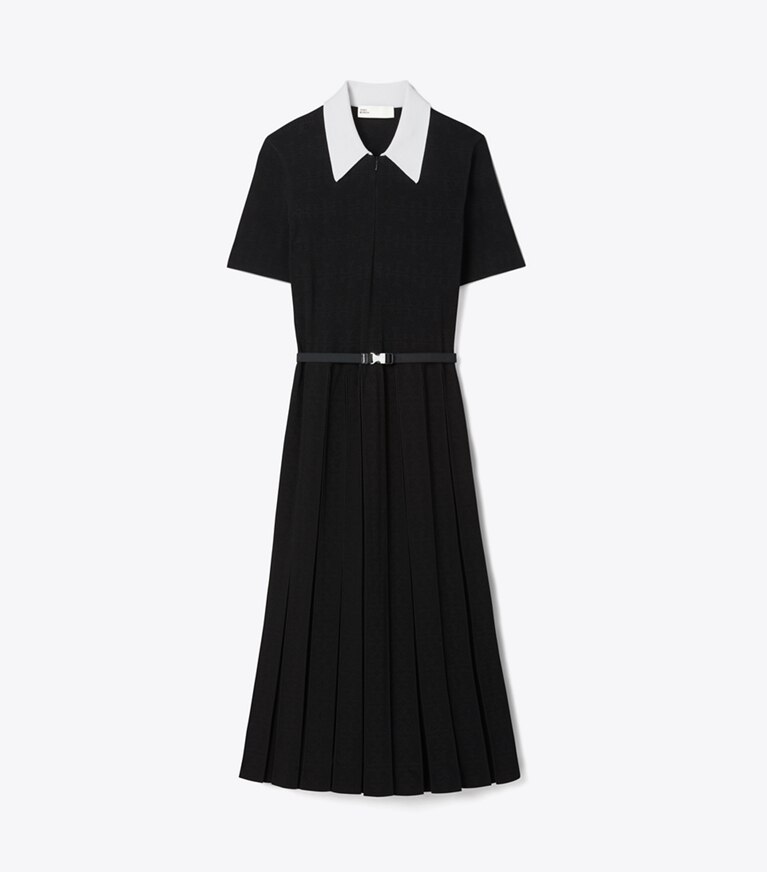 Tory Burch diseñador vestidos Vestido plisado de pointelle con monograma T en White / Black frente