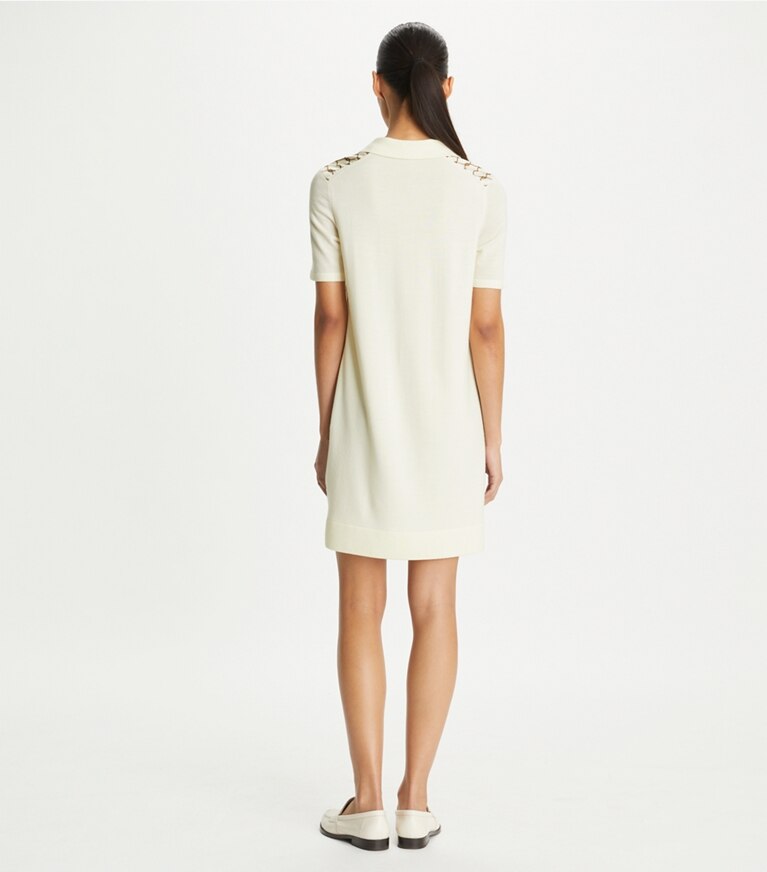 Tory Burch diseñador vestidos Vestido polo con frente de seda en NEW IVORY / Brown Rope parte posterior en modelo