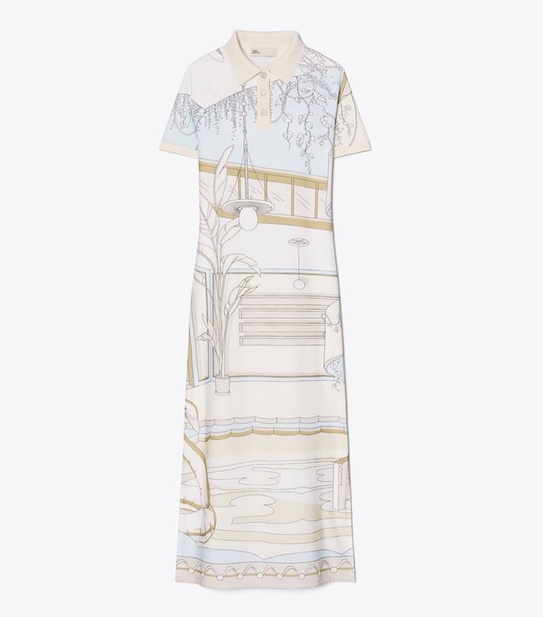 Tory Burch diseñador vestidos Vestido polo de malla estampado en Neutral Pool frente