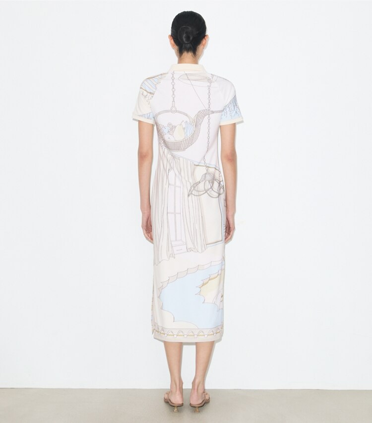 Tory Burch diseñador vestidos Vestido polo de malla estampado en Neutral Pool parte posterior en modelo