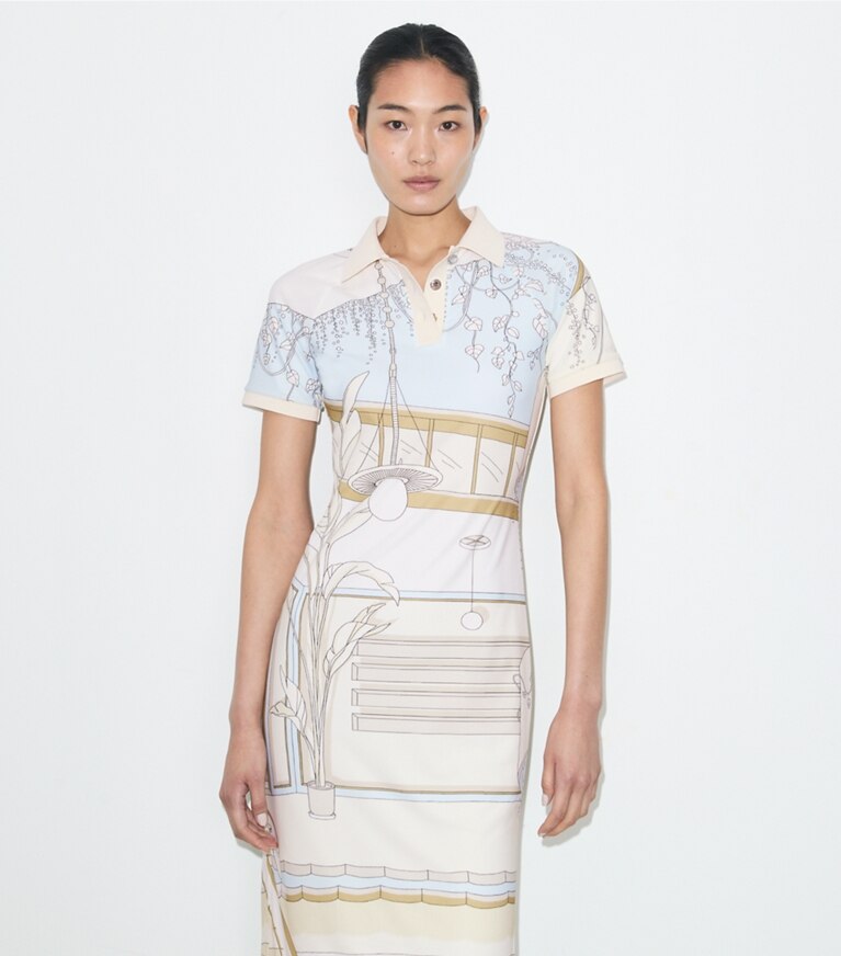 Tory Burch diseñador vestidos Vestido polo de malla estampado en Neutral Pool detalle en modelo