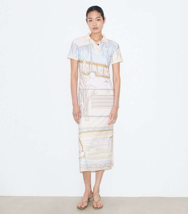 Tory Burch diseñador vestidos Vestido polo de malla estampado en Neutral Pool frente en modelo