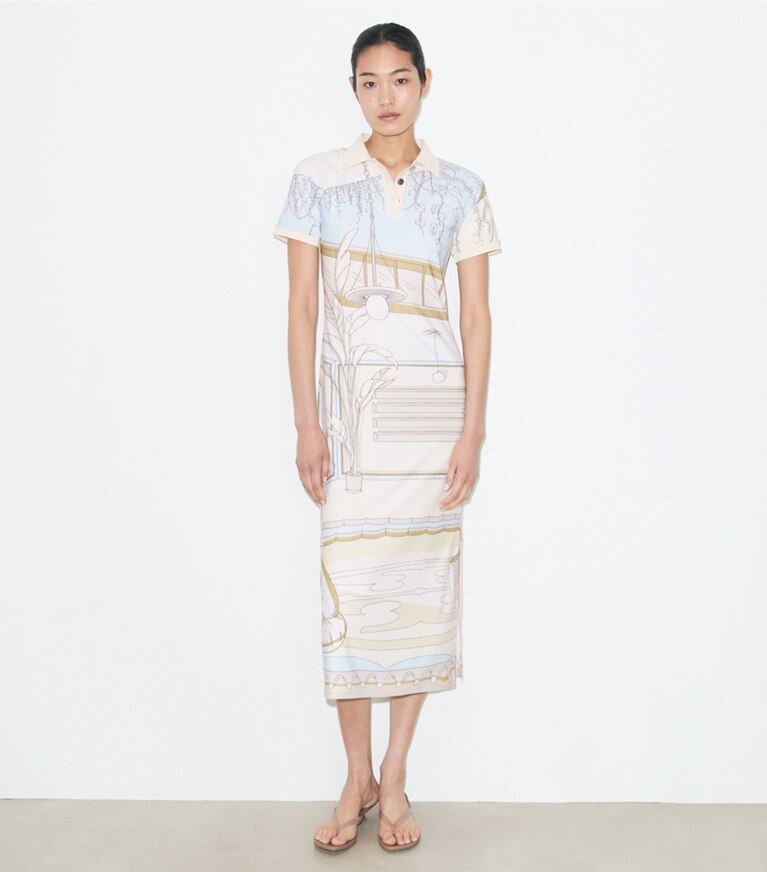 Tory Burch diseñador vestidos Vestido polo de malla estampado en Neutral Pool frente en modelo