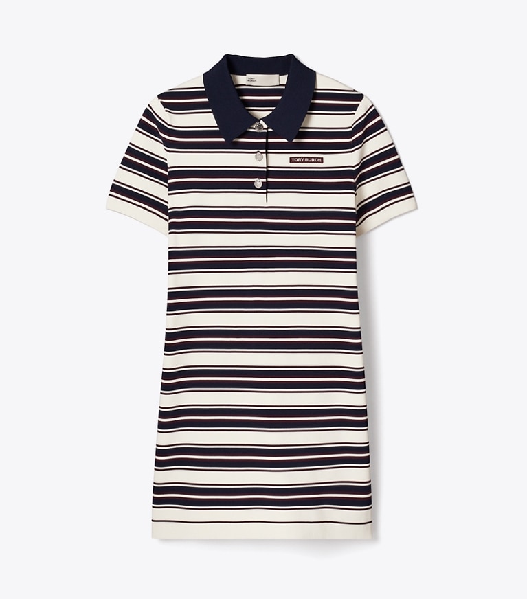 Tory Sport diseñador vestidos Vestido polo de viscosa en Ivory Stripe frente