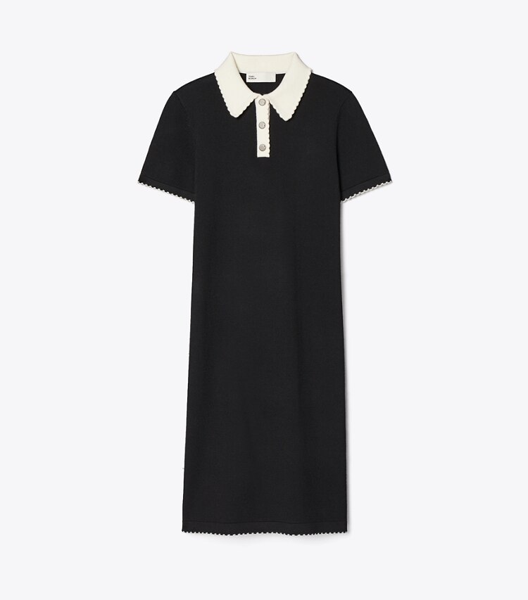 Tory Burch diseñador vestidos Vestido polo festoneado de lana en Black / New Ivory frente