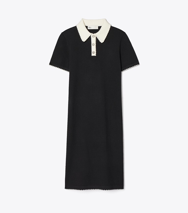 Tory Burch diseñador vestidos Vestido polo festoneado de lana en Black / New Ivory frente