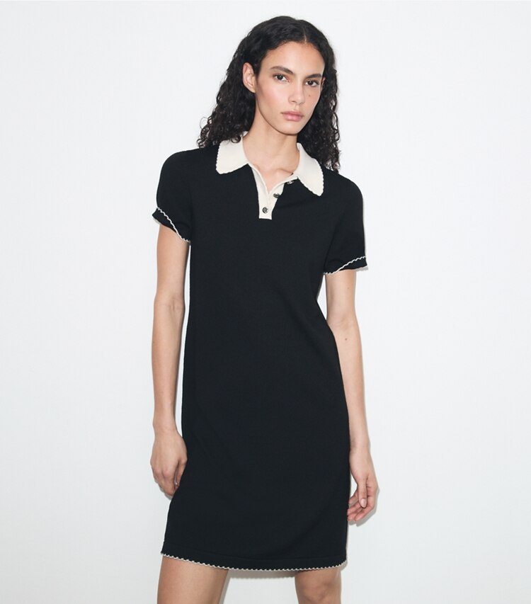 Tory Burch diseñador vestidos Vestido polo festoneado de lana en Black / New Ivory detalle en modelo