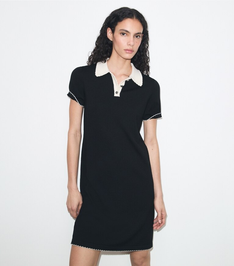 Tory Burch diseñador vestidos Vestido polo festoneado de lana en Black / New Ivory detalle en modelo