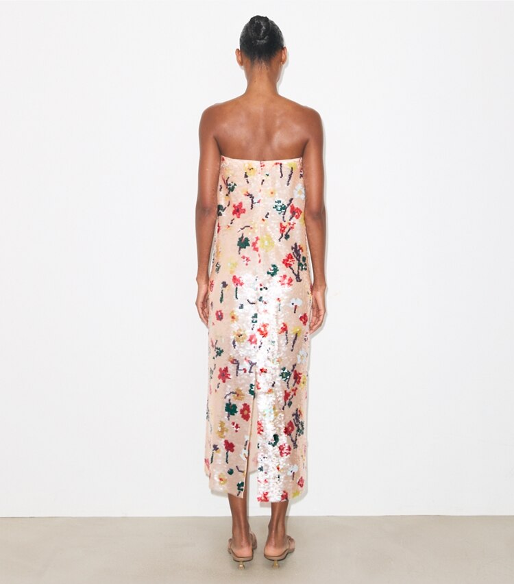 Tory Burch diseñador vestidos Vestido sin breteles con lentejuelas en Pink Floral parte posterior en modelo