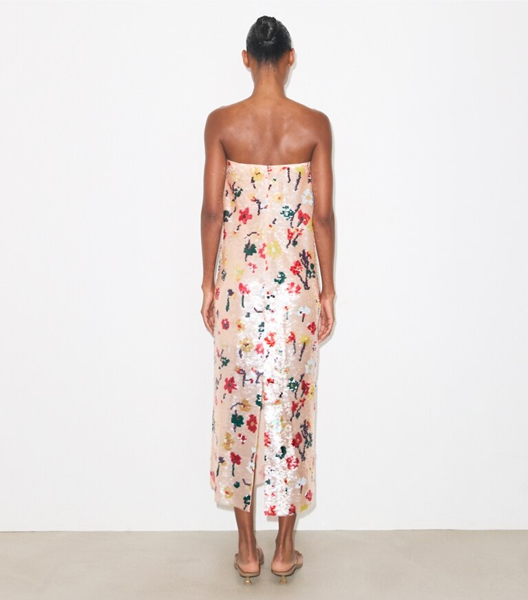 Tory Burch diseñador vestidos Vestido sin breteles con lentejuelas en Pink Floral parte posterior en modelo