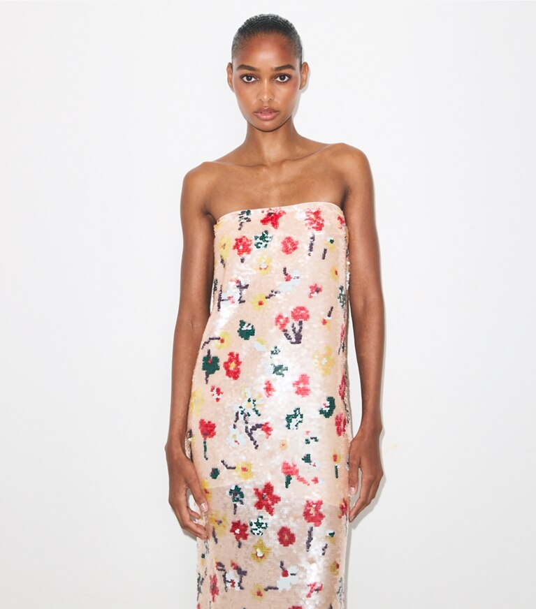 Tory Burch diseñador vestidos Vestido sin breteles con lentejuelas en Pink Floral detalle en modelo