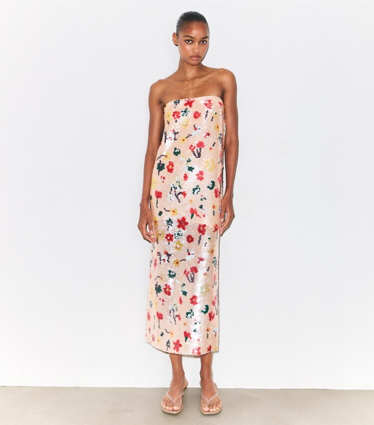 Tory Burch diseñador vestidos Vestido sin breteles con lentejuelas en Pink Floral frente en modelo