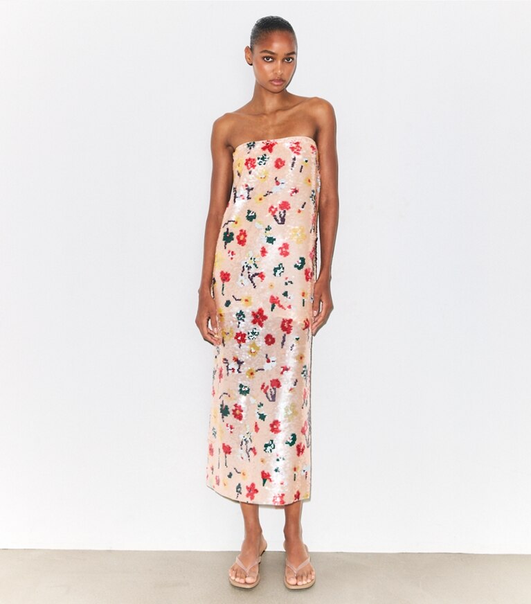 Tory Burch diseñador vestidos Vestido sin breteles con lentejuelas en Pink Floral frente en modelo