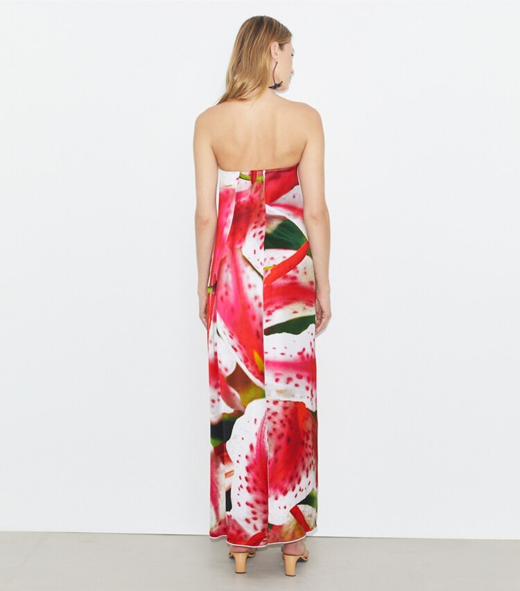 Tory Burch diseñador vestidos Vestido sin breteles de viscosa estampada en Pink Lily parte posterior en modelo