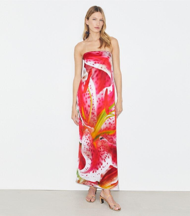 Tory Burch diseñador vestidos Vestido sin breteles de viscosa estampada en Pink Lily frente en modelo