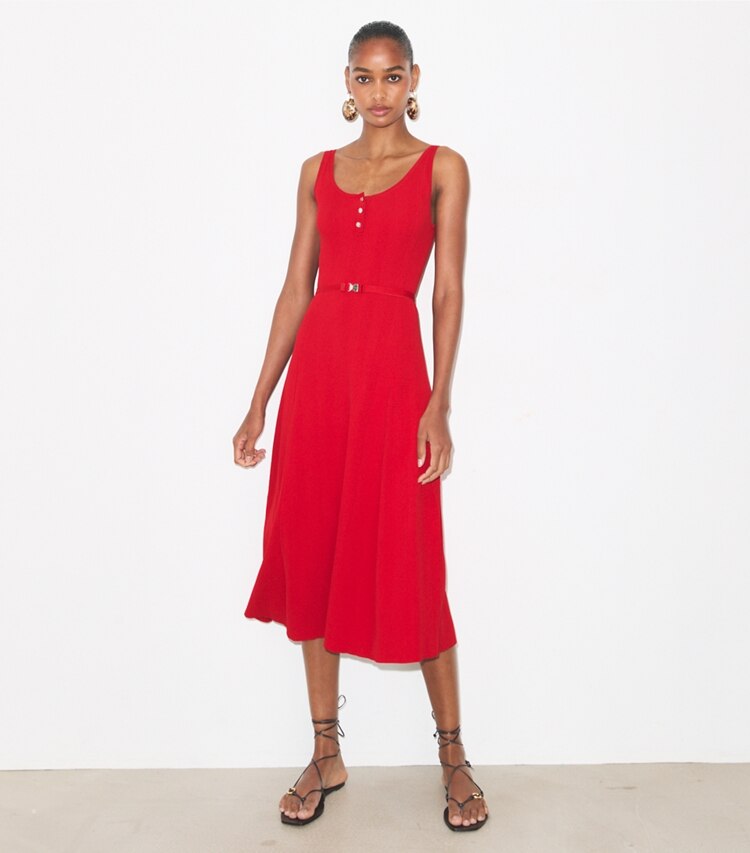 Tory Burch diseñador vestidos Vestido sin mangas Henley en Bright Red frente en modelo