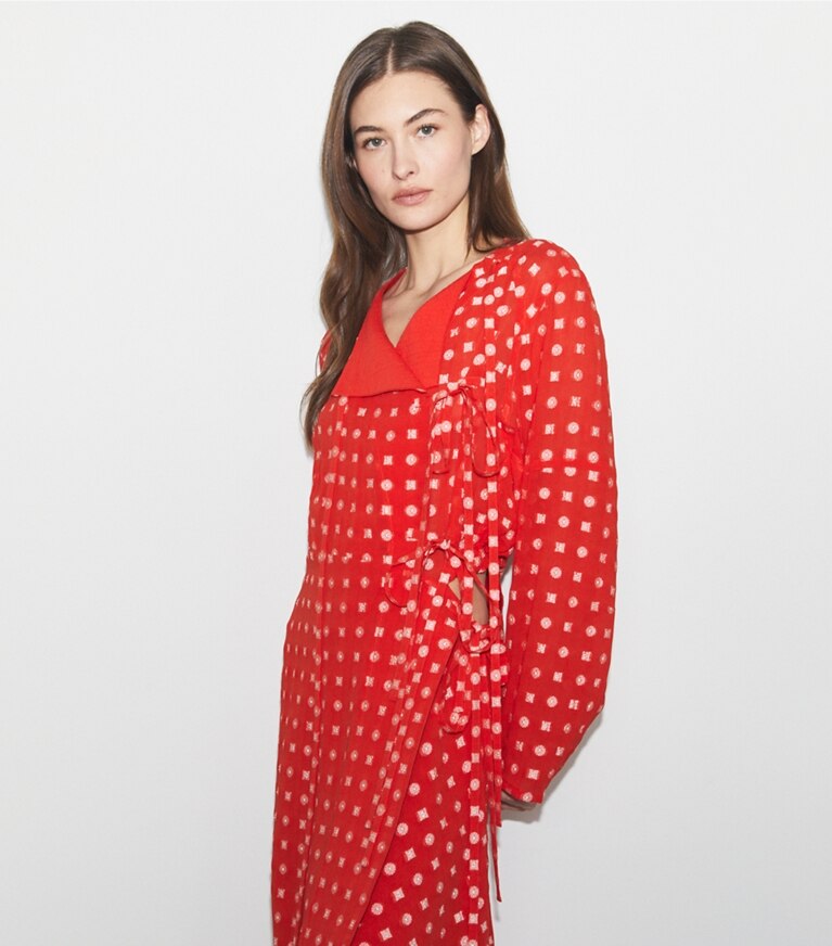Tory Burch designer abiti Vestito jacquard a portafoglio in Pepperoncini Nothing Ditsy on model detail