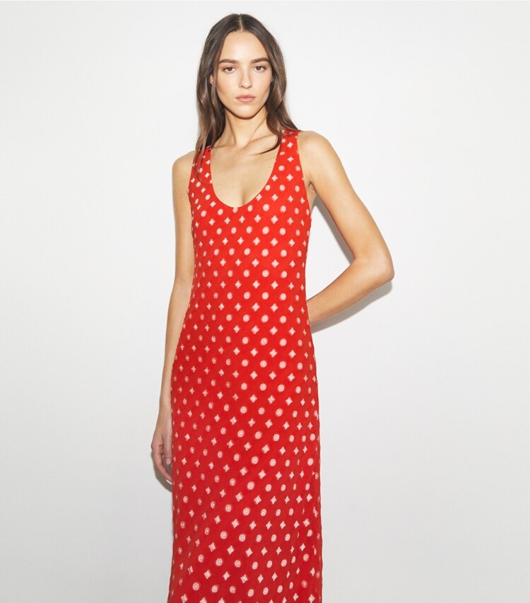 Tory Burch designer abiti Vestito jacquard in Pepperoncini Nothing Ditsy on model detail