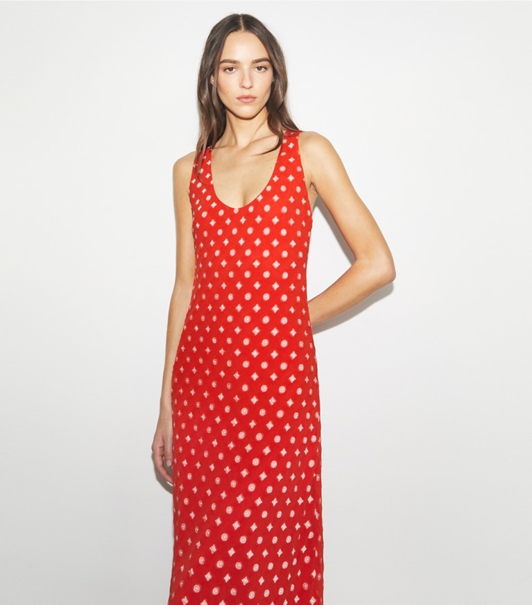 Tory Burch designer abiti Vestito jacquard in Pepperoncini Nothing Ditsy on model detail