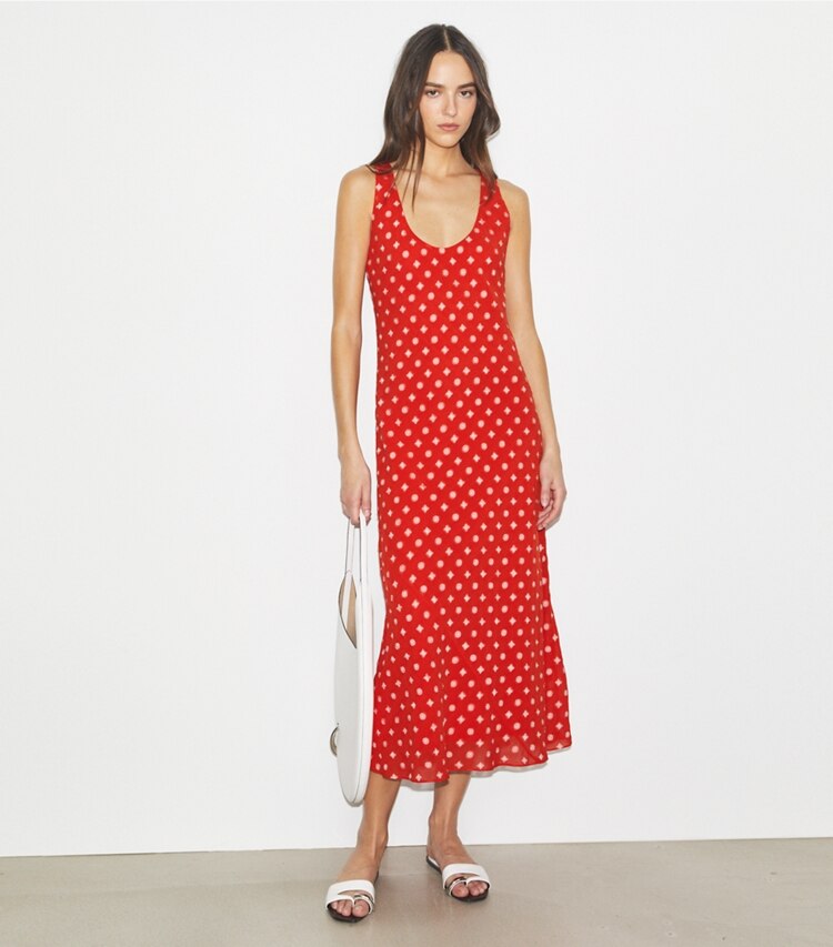 Tory Burch designer abiti Vestito jacquard in Pepperoncini Nothing Ditsy parte anteriore su modella