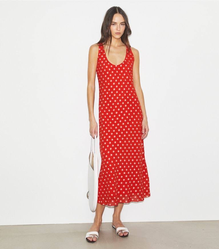 Tory Burch designer abiti Vestito jacquard in Pepperoncini Nothing Ditsy parte anteriore su modella