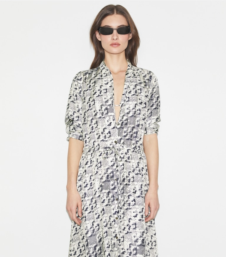 Tory Burch designer copricostume Vestito midi in Seta in New Ivory Distressed Pixelated Logo front