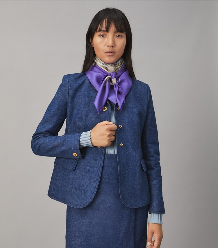 Tory Burch designer scarves Vintage Floral Paisley Silk Square Scarf in Royal Purple accessory on model