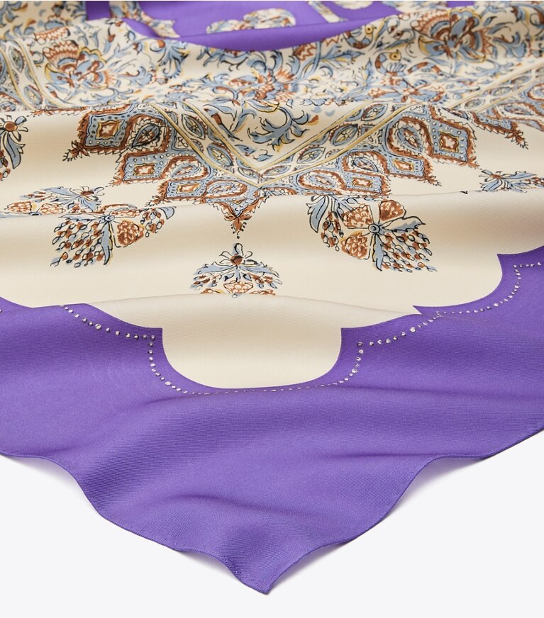 Tory Burch designer scarves Vintage Floral Paisley Silk Square Scarf in Royal Purple overhead