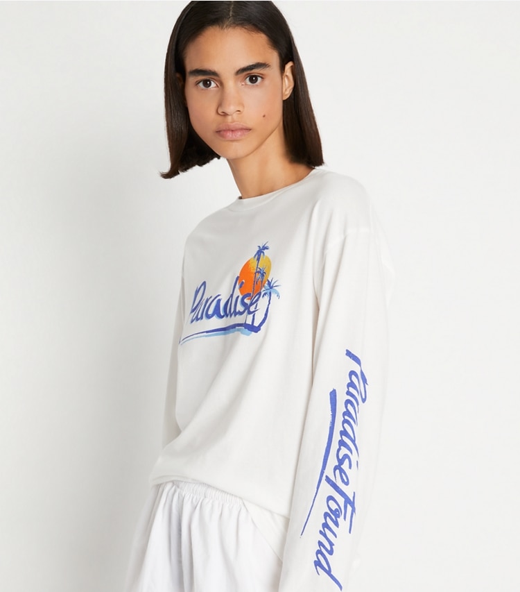 Tory Sport designer tops Vintage Graphic Long-Sleeve Tee in Snow White on model detail
