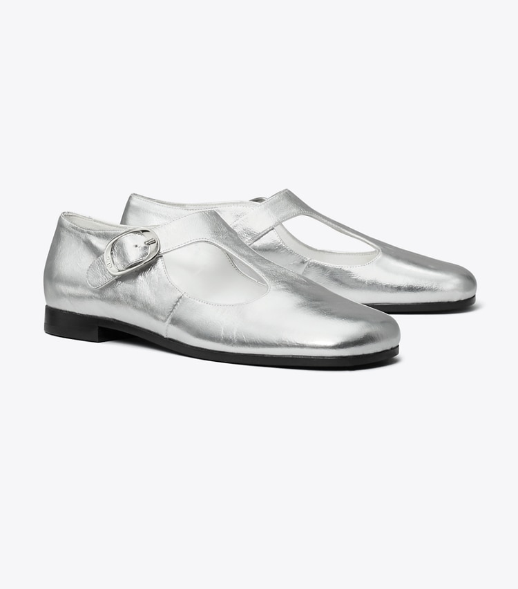 Tory Burch designer flats Violet T-Strap in SILVER angle