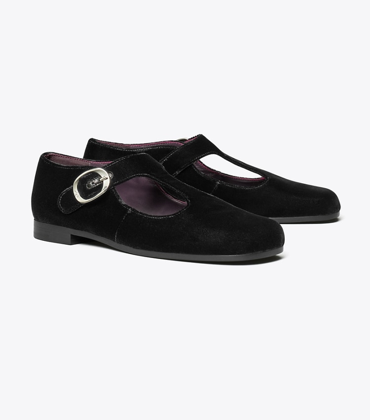 Tory Burch designer flats Violet T-Strap in PERFECT BLACK angle