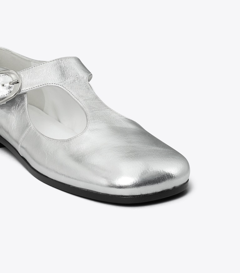 Tory Burch designer flats Violet T-Strap in SILVER angle