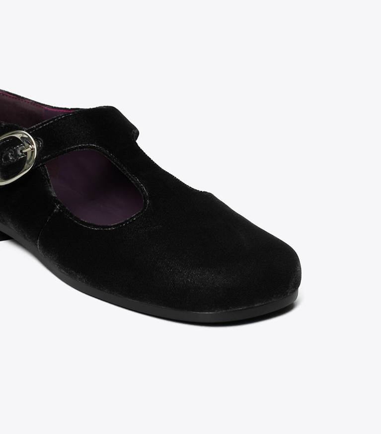 Tory Burch designer flats Violet T-Strap in PERFECT BLACK angle